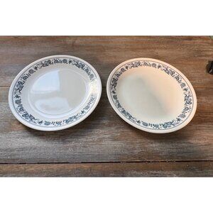 2 Vintage White Plates With Blue Floral Design 8" Diameter Dinnerware
